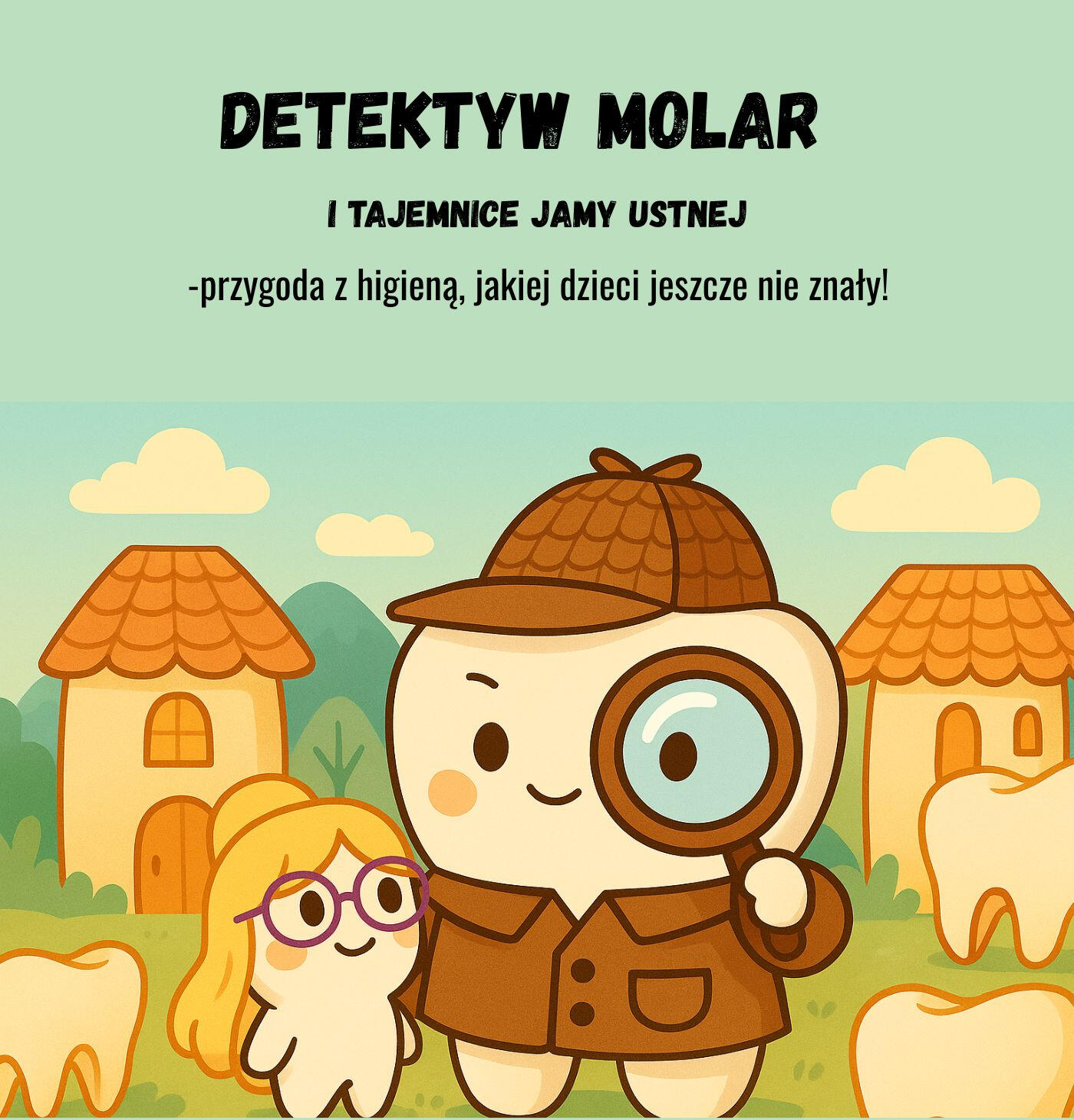 O książce Okładka eBooka 'Detektyw Molar i tajemnice jamy ustnej' dla dzieci 3–8 lat